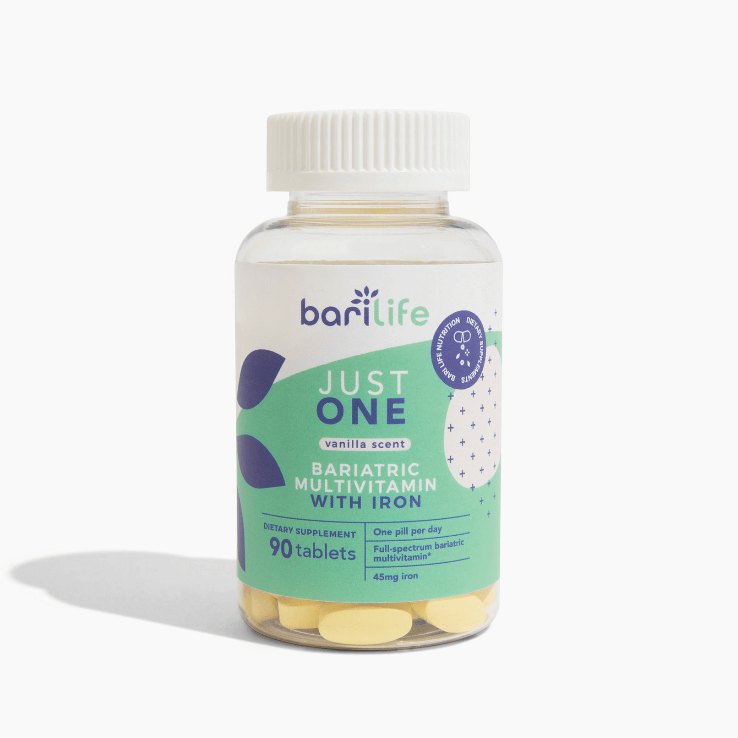 Bariatric multivitamin with iron, vanilla scented, 90 tablets bottle, daily dietary supplement by BariLife.